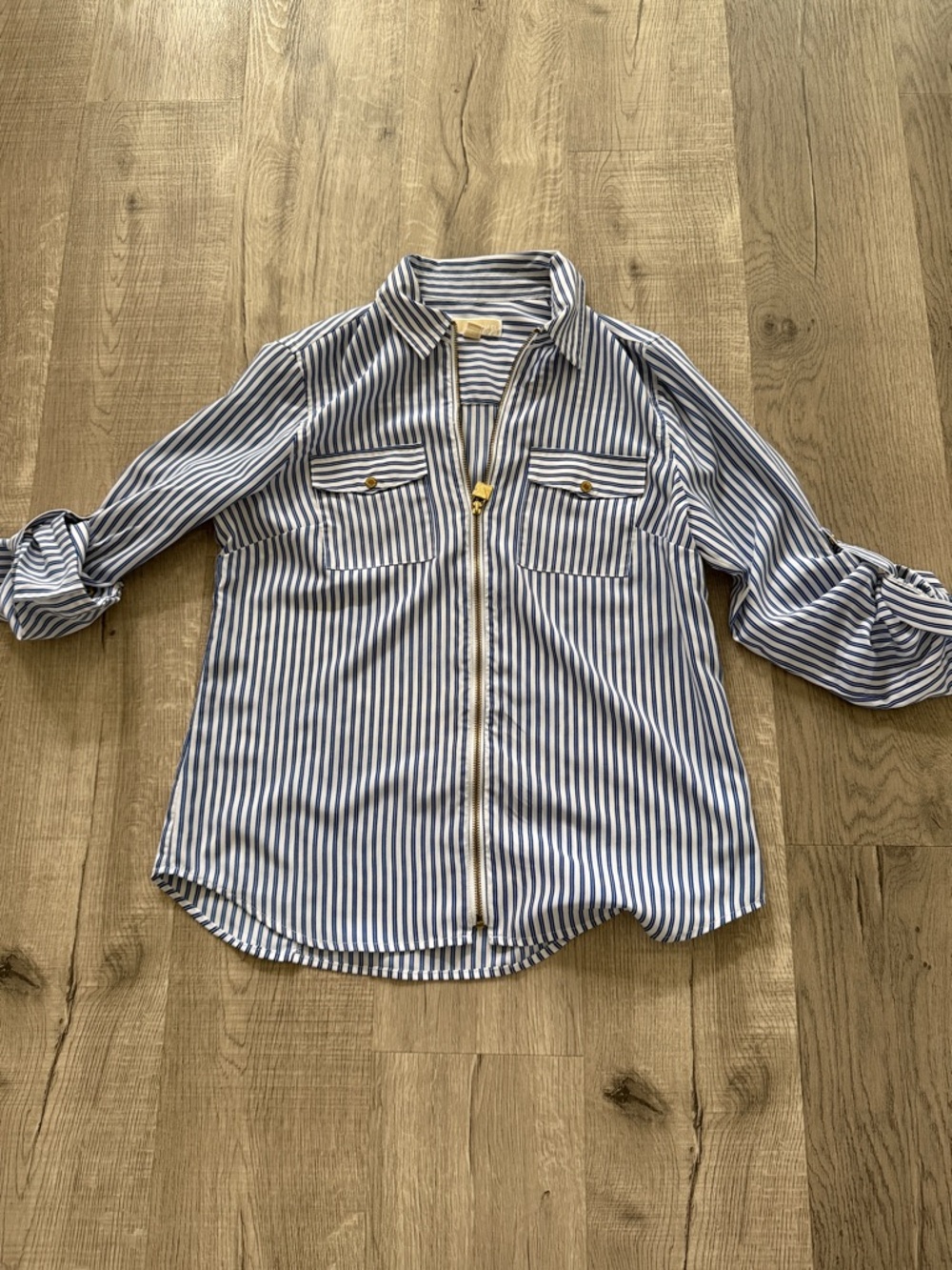 Michael Kors Blue & White Striped Zip-Front Shirt